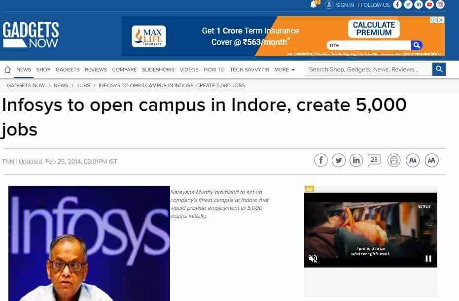 INFOSYS TO OPEN CAMPUS IN INDORE, CREATE 5,000 JOBS