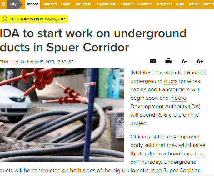 IDA to start work on underground ducts in Spuer Corridor | Indore  News - Times of India