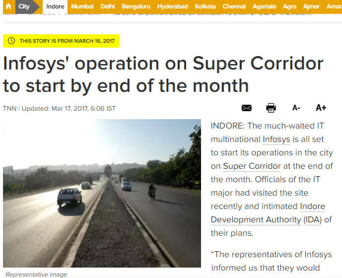 Infosys' operation on Super Corridor to start by end of the month | Indore  News - Times of India