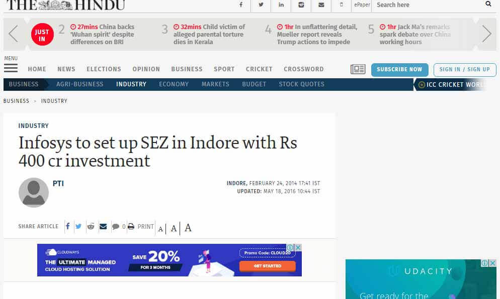 INFOSYS TO SET UP SEZ IN INDORE WITH RS 400 CR INVESTMENT