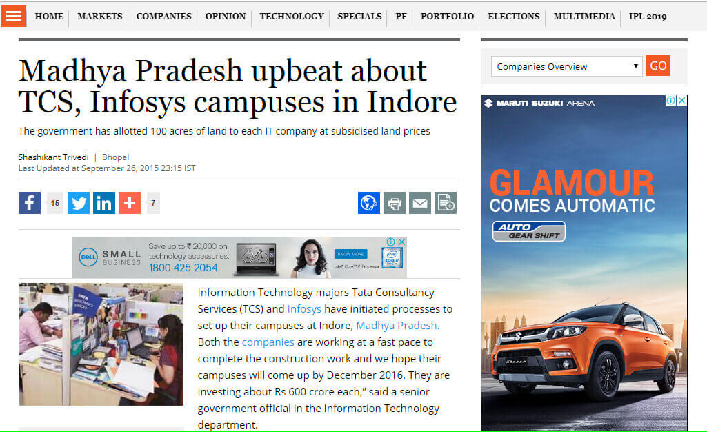 Madhya Pradesh upbeat about TCS, Infosys campuses in Indore | Business Standard News