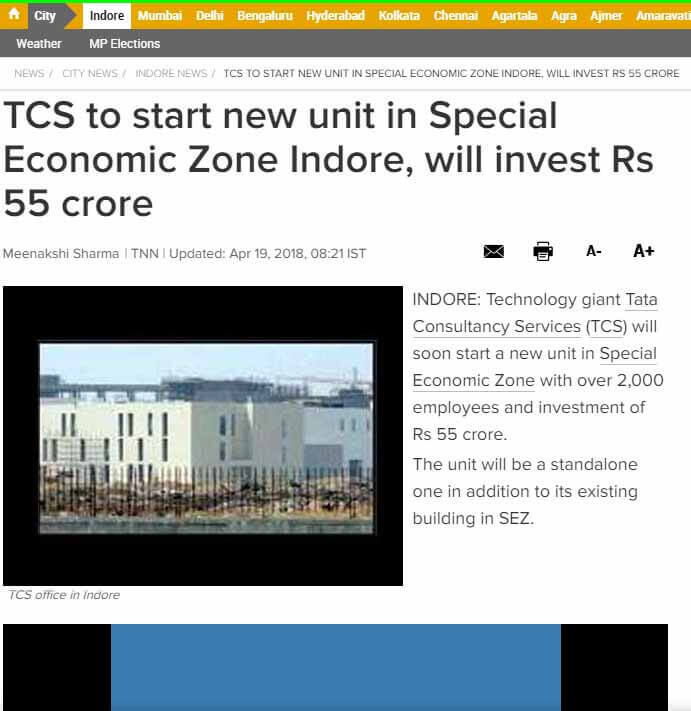 TCS TO START NEW UNIT IN SPECIAL ECONOMIC ZONE INDORE, WILL INVEST RS 55 CRORE